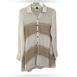 FREE PEOPLE Long Sleeve Lace and cotton flowy Cream and Tan Button-Up Top